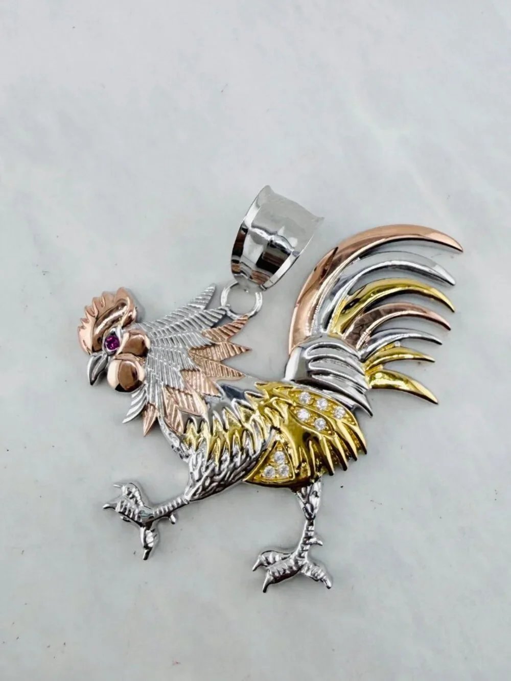 925 Sterling Silver Rooster Pendant | Three -Tone Rooster | Red Eye | Farm Gallo